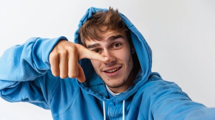 Young man in blue hoodie pointing finger towards camera with playful expression