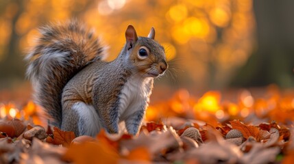   A squirrel stands amidst a sea of leaves, gazing curiously at the camera