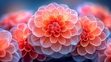   A tight shot of an array of flowers, background softly blurred in shades of pink and orange against a blue backdrop