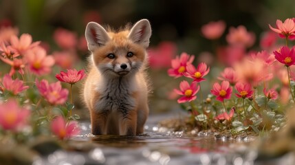   A tight shot of a small fox by a flowery water's edge, with the foreground featuring a water body