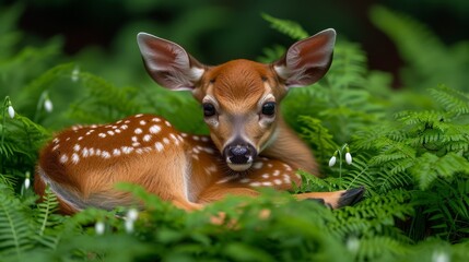 Fototapeta premium A small deer rests in a forest of lush green plants and tall, leafy trees