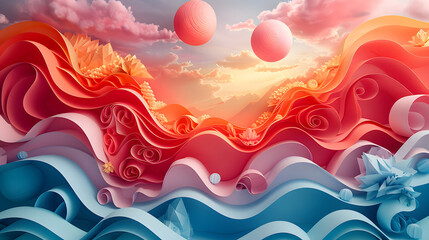 Abstract fantasy landscape featuring stylized wavy layers in red and blue, with spherical shapes floating under a sunset sky