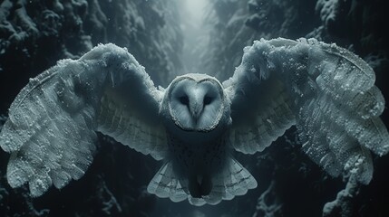   An owl spreads wings for flight among snow-covered trees - obrazy, fototapety, plakaty