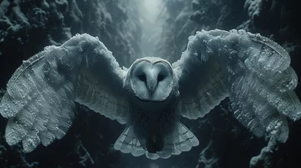 Papier Peint photo autocollant Dessins animés de hibou   An owl spreads wings for flight among snow-covered trees