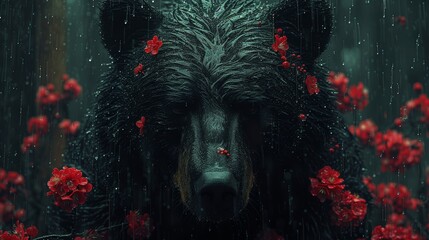   A tight shot of a black bear wearing red blooms atop its head, amidst rain cascading down its face - obrazy, fototapety, plakaty
