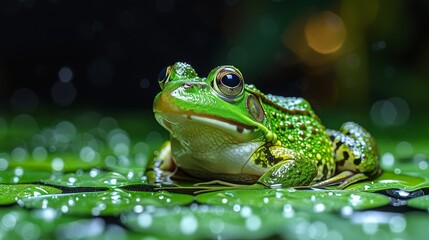 Obraz premium A tight shot of a frog perched on a leaf, dotted with water droplets, against a softly blurred backdrop