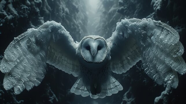   An owl spreads wings for flight among snow-covered trees