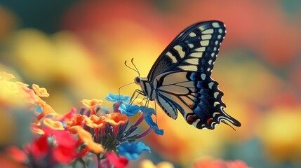   A tight shot of a butterfly atop a bloom against a hazy backdrop of red, yellow, and blue blossoms