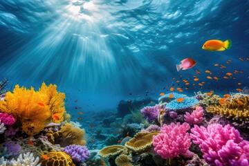Naklejka na ściany i meble An underwater coral reef scene, diverse marine life, vivid colors, showcasing the beauty and diversity of ocean life. Underwater photography, coral reef ecosystem, diverse marine life,. Resplendent.