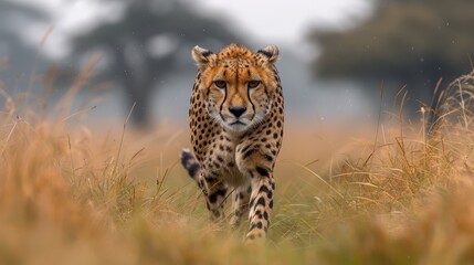   A cheetah traverses tall grass, background blurred by trees and bushes