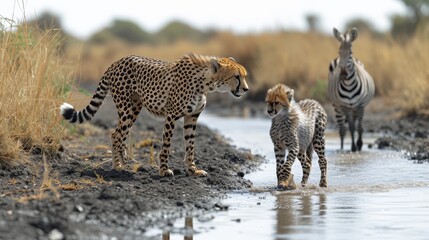   A group of zebras and a cheetah gather at the water's edge, a body of water