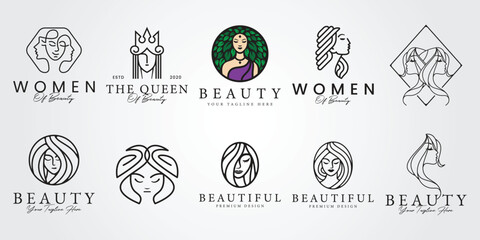 set bundle beautiful girl, beauty care clinic simple minimal icon logo sign , beauty woman vector illustration design