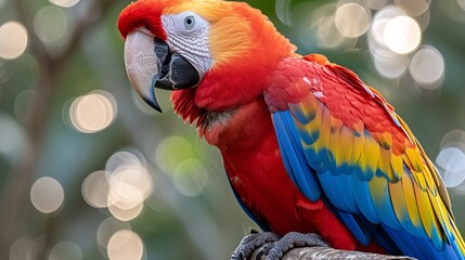 Obraz premium A vibrant parrot atop a tree branch against a hazy backdrop of twinkling lights