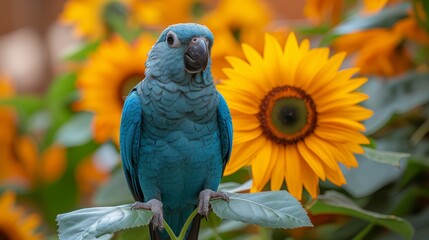   A blue parrot perches on a tree branch overlooking a sunflower field filled with yellow and green blooms