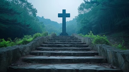   A cross atop forest steps, beside a stony wall in the heart of the woods - obrazy, fototapety, plakaty
