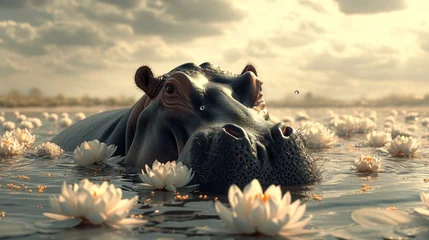 Foto op Canvas   A hippo in water, surrounded by white water lilies Cloudy sky background © Wall