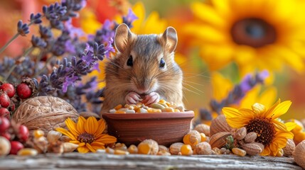  A rodent nibbling corn from a bowl amidst sunflowers and other wildflowers on the table
