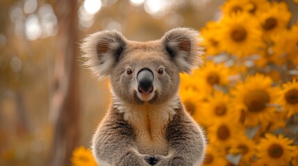   Koala stands before sunflower field, mouth agape - obrazy, fototapety, plakaty