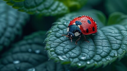   A ladybug perched on a green leaf, with dewdrops on its hind legs