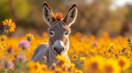  donkey, sunflowers, daisies Background softly blurred