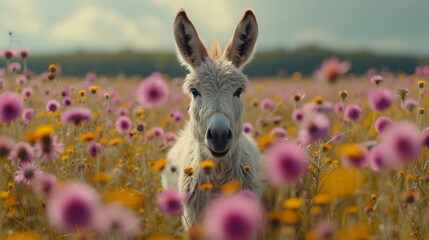   A tight shot of a donkey in a flower-filled meadow against a backdrop of cloudy sky, dotted with pink and yellow blooms in the foreground