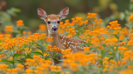   A tight shot of a deer amidst a flower-filled meadow, surrounded by indistinct trees in the backdrop