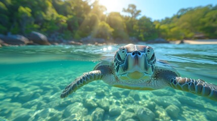   A tight shot of a turtle submerged in water, surrounded by trees in the distance, and a blue sky overhead - obrazy, fototapety, plakaty