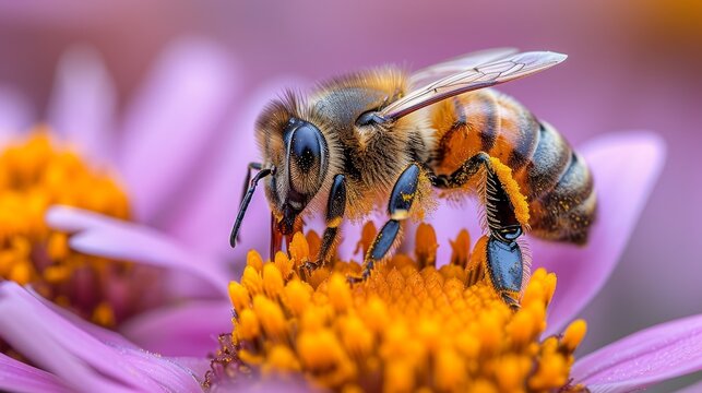   A bee hovers over a purple flower, its head and legs focused intently Yellow pollen coats the petals beneath it