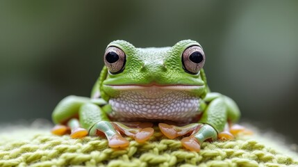   A sad-faced green frog with large eyes sits on a verdant fabric, gazing at the camera