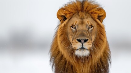 Fototapeta premium A tight shot of a lion's expressive face against a backdrop of snowy ground in the foreground, and a pristine white sky overhead