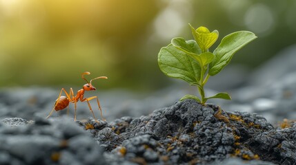   Two red ants atop a mound of dirt, near a green plant sitting atop another mound
