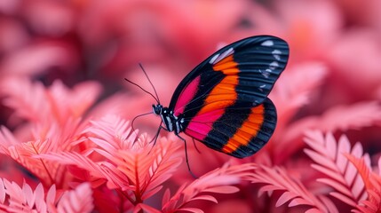 Obraz premium A red-and-black butterfly perches on a leafy plant with red stems and green leaves, surrounded by pink flowers in the background