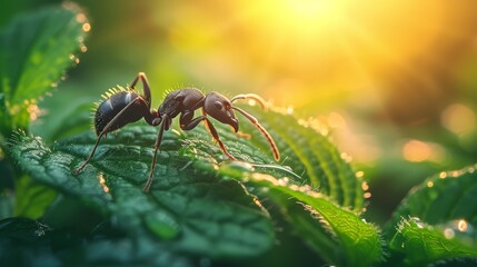   A few ants atop a green leaf, dotted with water droplets under the sun - Powered by Adobe