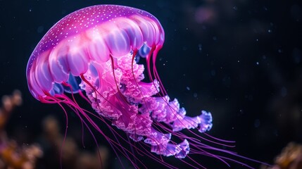   A tight shot of a jellyfish hovering above water, its translucent body backdropped by darkness, with tiny bubbles clinging to its dorsal side