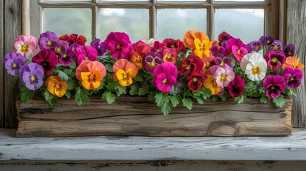   A window sill holds an abundance of purple and orange blossoms Adjacent, another window sill blooms with pink and yellow flowers