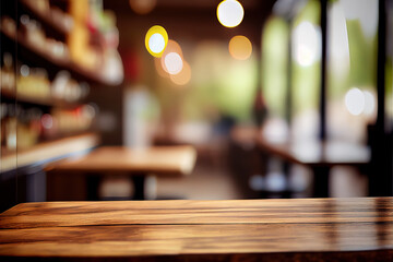 Empty wood table for product display in blur background of admirable restaurant at night generative ai