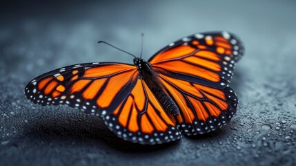   A close-up of an orange butterfly on a gray surface, with water drops on its wings