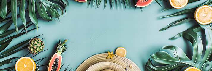 Summer Essentials: A Collection of Tropical Vacation Accessories Arranged on a Bright Background, Inviting Adventure