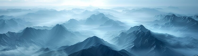 Misty mountains, abstract shapes, aerial view, cool tones for a mysterious background , octane render - obrazy, fototapety, plakaty