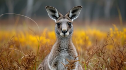   A tight shot of a kangaroo in a towering grass field, surrounded by trees and bushes with a softly blurred backdrop