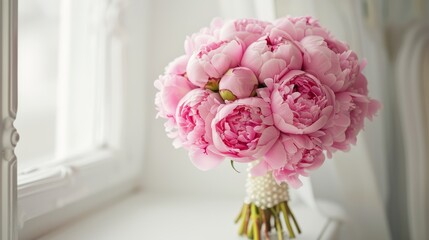 Bouquet of pink peonies on a white windowsill