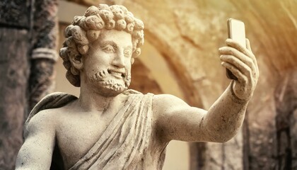 Antique stone statue taking selfie on phone , concept of Vintage art