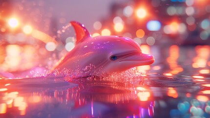   A toy dolphin swims in the foreground, while a cityscape with lights is blurrily visible in the background