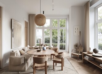 A living room featuring light wood furniture, large windows, and natural lighting creates a bright and inviting atmosphere