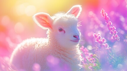   A tight shot of a sheep in a blooming flower field, surrounded by hazy pink and purple blossoms in the backdrop