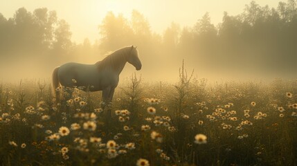   A horse stands amidst a field of wildflowers on a foggy day, trees in the background shrouded in mist