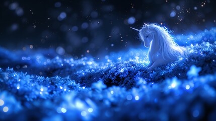Obraz na płótnie Canvas A white unicorn sits in a blue grass field, surrounded by snowflakes