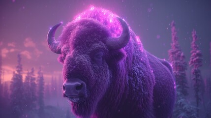   A tight shot of a bison in a wintry landscape, surrounded by trees against a backdrop A violet glow illuminates the scene's heart - obrazy, fototapety, plakaty