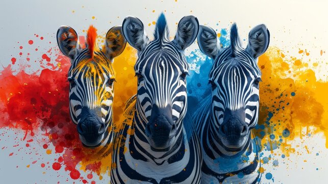   A group of zebras positioned before vibrant paint splatters against a white backdrop
