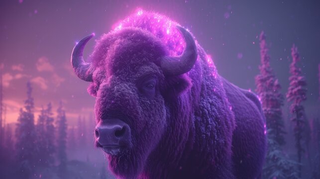  A tight shot of a bison in a wintry landscape, surrounded by trees against a backdrop A violet glow illuminates the scene's heart